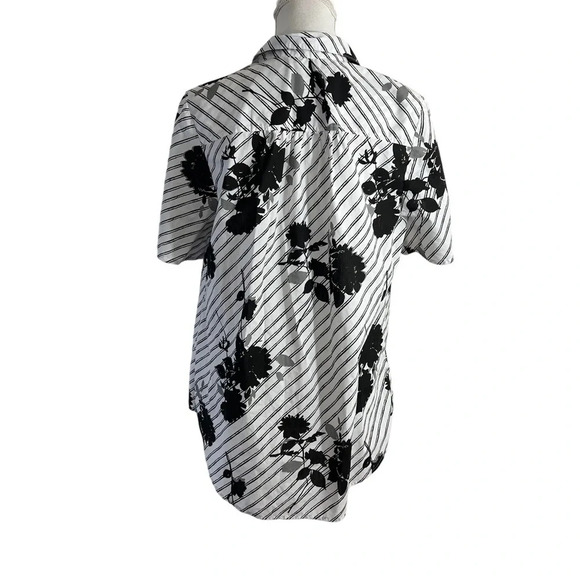 Roamans Button Up Shirt 16W Black White Gray Floral Striped Grommet Accents Top - Picture 2 of 6